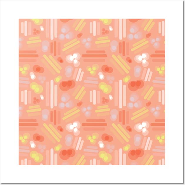 Abstract geometric shapes. Stripes rectangles dots bubbles circles orange coral white pink yellow on a peach background. Layered geometric shapes. Wall Art by Sandra Hutter Designs